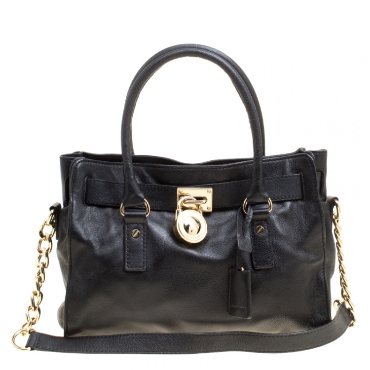 Pre Owned Michael Michael Kors Black Leather Medium Hamilton Top Handle bag