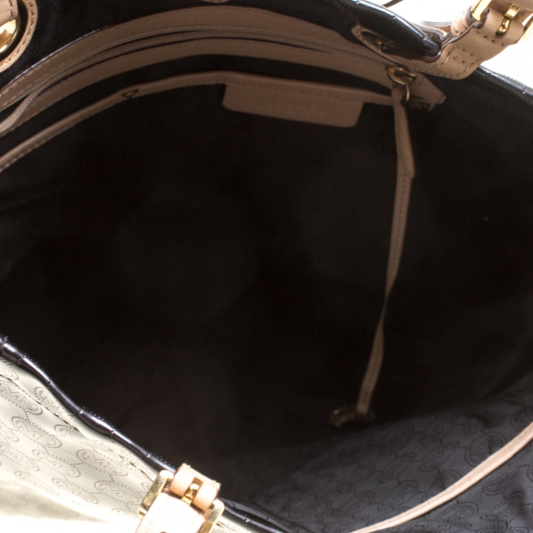 Pre Owned Michael Michael Kors Black Monogram Patent Leather Jet Set North South Tote
