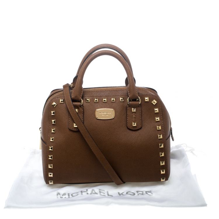 Pre Owned Michael Michael Kors Brown Leather Small Studded Sandrine Top Handle Bag