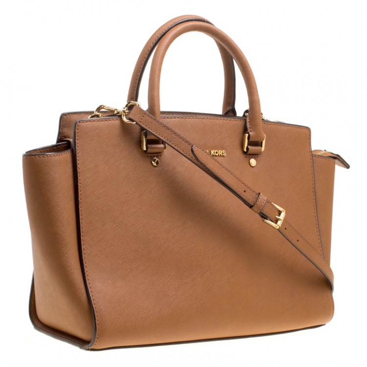 Pre Owned Michael Michael Kors Brown Saffiano Leather Medium Selma Top Handle Bag