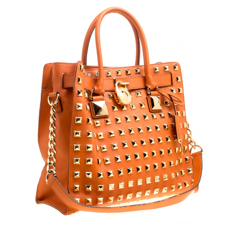 Pre Owned Michael Michael Kors Orange Leather Large Studded Hamilton Tote 