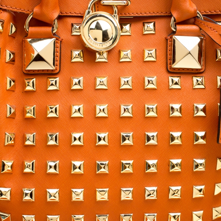 Pre Owned Michael Michael Kors Orange Leather Large Studded Hamilton Tote 