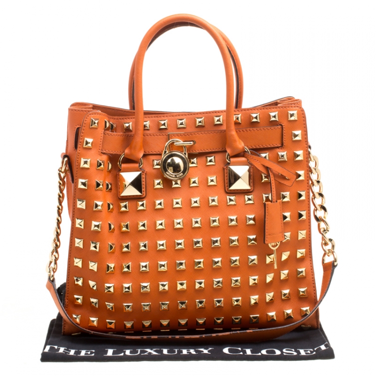 Pre Owned Michael Michael Kors Orange Leather Large Studded Hamilton Tote 