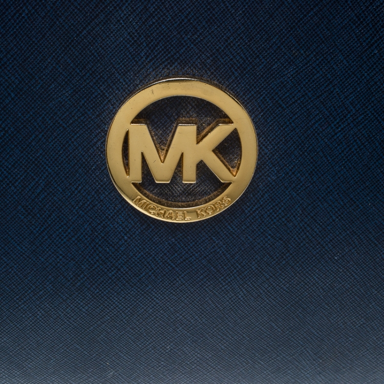 Pre Owned Michael Michael Kors Blue Saffiano Leather Jet Set Travel Shoulder Bag
