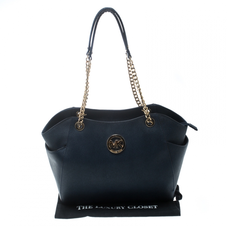 Pre Owned Michael Michael Kors Blue Saffiano Leather Jet Set Travel Shoulder Bag