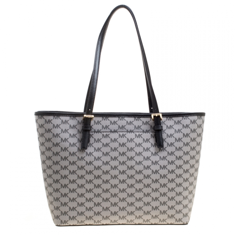 Pre Owned Michael Michael Kors Grey Signature Coated Canvas Medium Jet Set Travel Tote