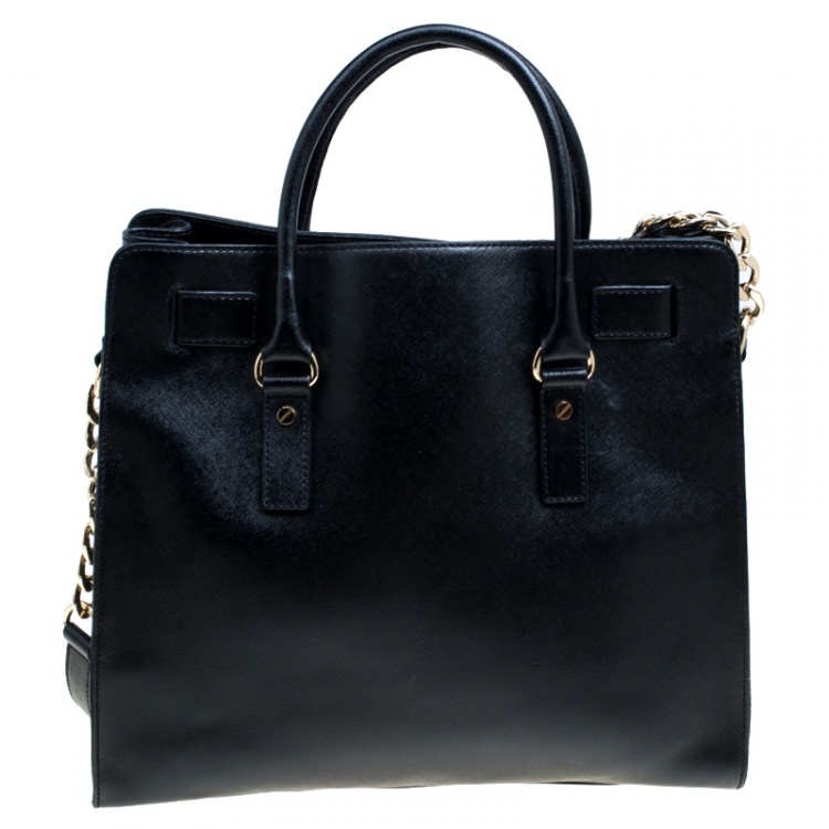 Pre Owned Michael Michael Kors Black Leather East West Hamilton Top Hanlde Bag