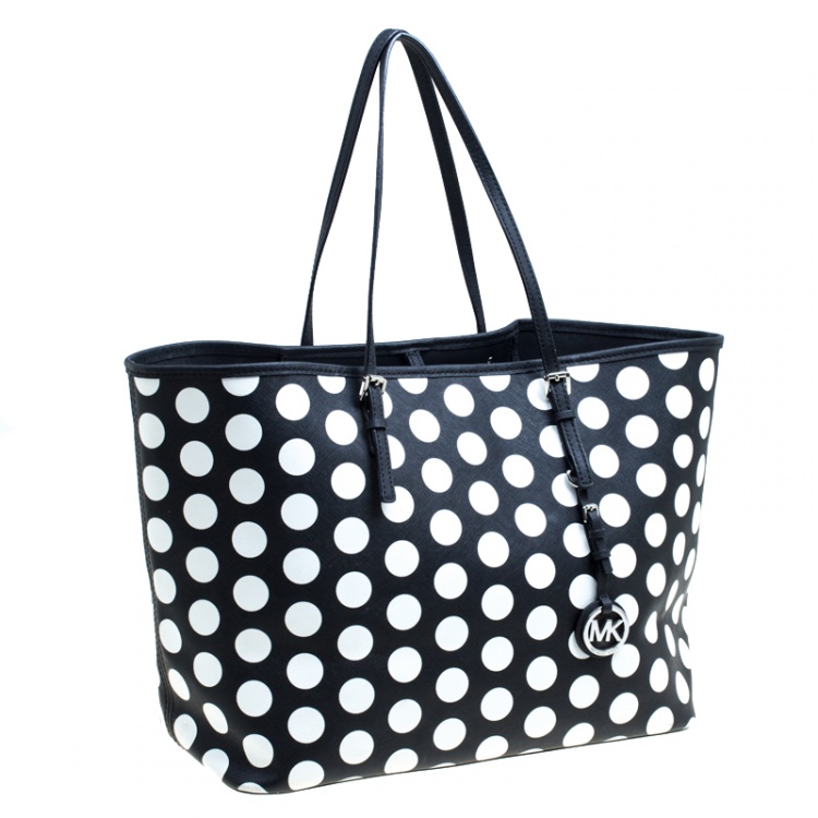 Pre Owned Michael Kors Black/White Polka Dot Jetset Tote