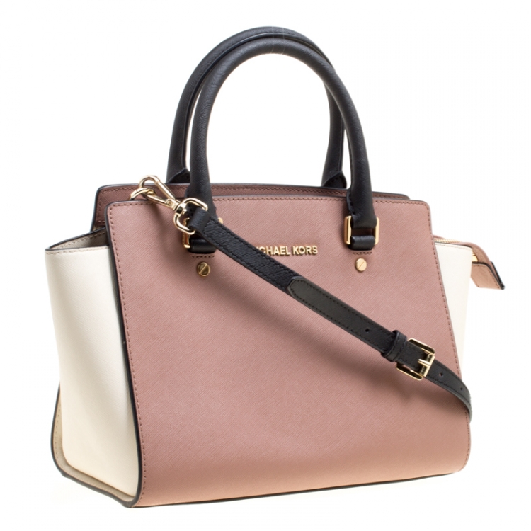 Pre Owned Michael Kors Grape/White Leather Medium Selma Top Handle Satchel