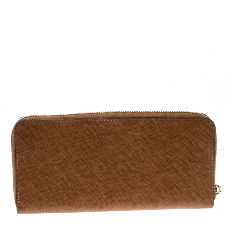 Pre Owned Michael Michael Kors Brown Saffiano Leather Jet Set Zip Around Wallet