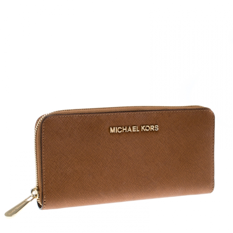 Pre Owned Michael Michael Kors Brown Saffiano Leather Jet Set Zip Around Wallet
