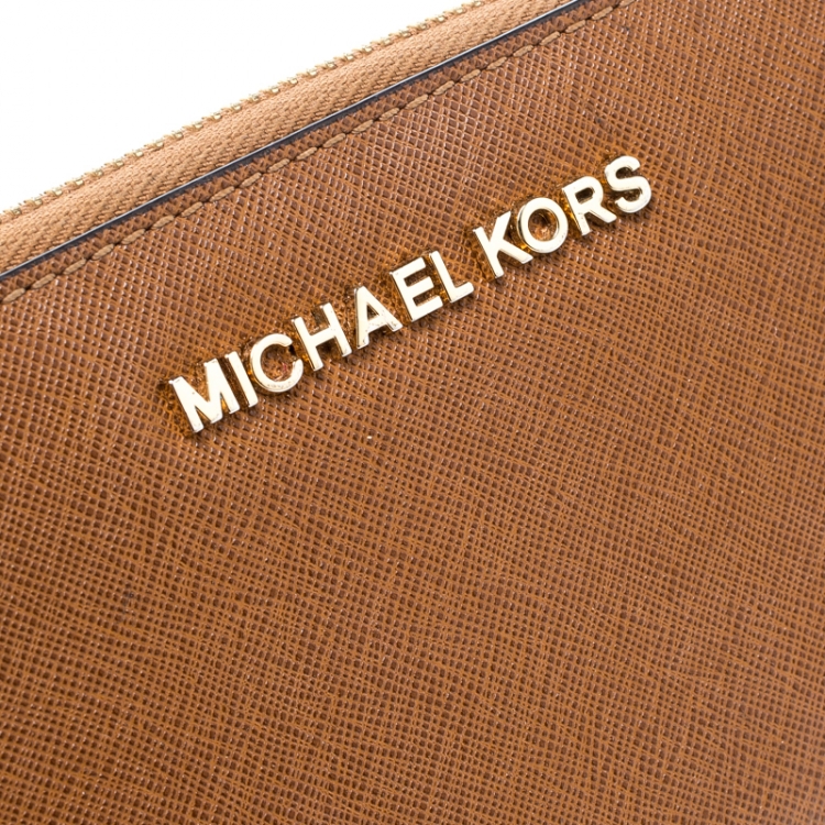 Pre Owned Michael Michael Kors Brown Saffiano Leather Jet Set Zip Around Wallet