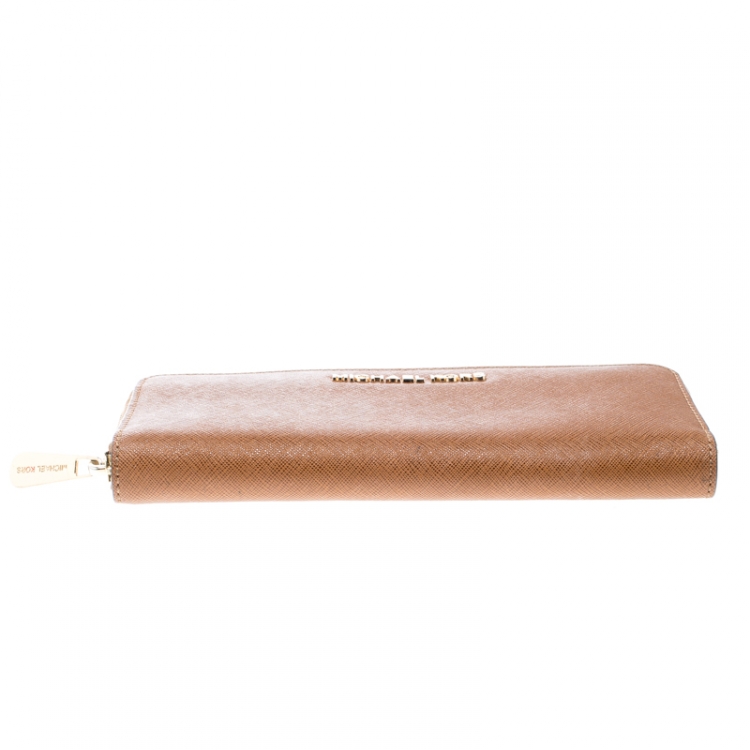 Pre Owned Michael Michael Kors Brown Saffiano Leather Jet Set Zip Around Wallet