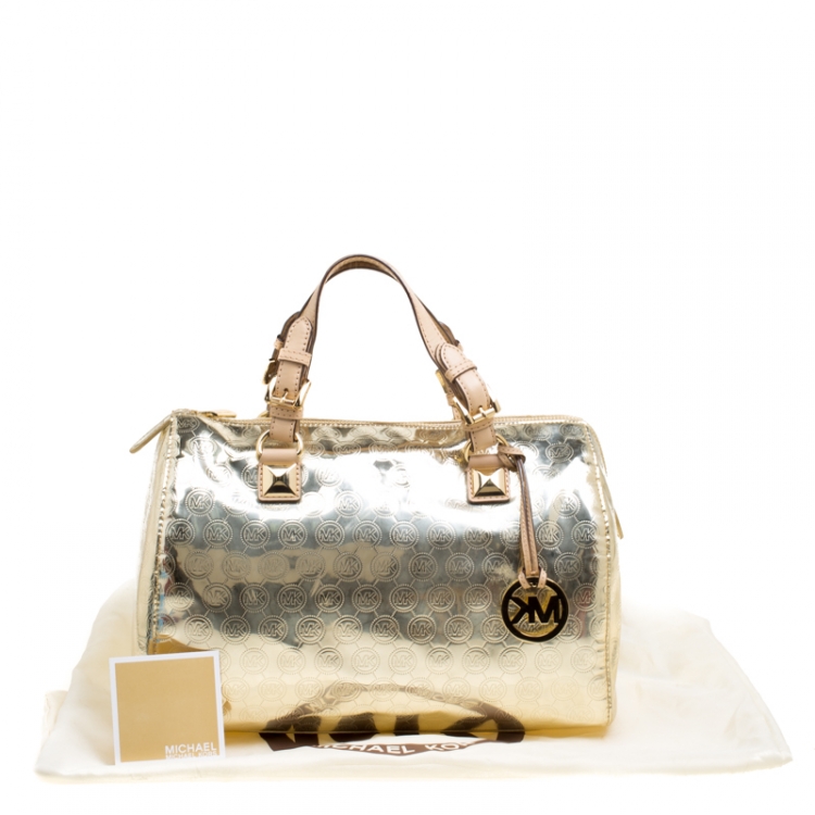 Pre Owned Michael Micahel Kors Metallic Gold Mirror Signature Leather Large Grayson Satchel 