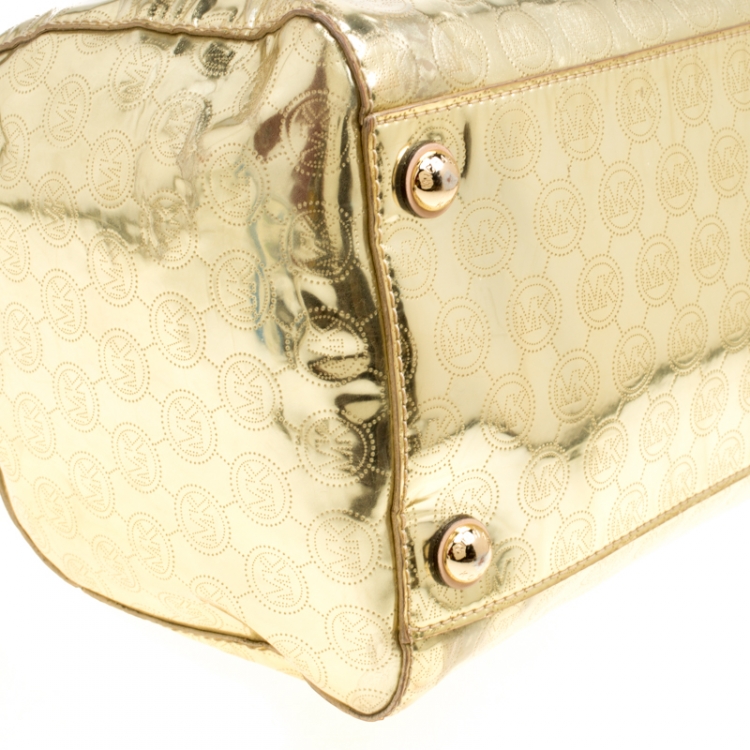Pre Owned Michael Micahel Kors Metallic Gold Mirror Signature Leather Large Grayson Satchel 