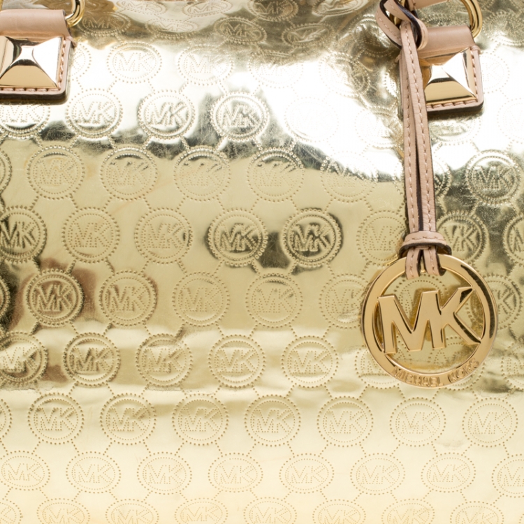 Pre Owned Michael Micahel Kors Metallic Gold Mirror Signature Leather Large Grayson Satchel 