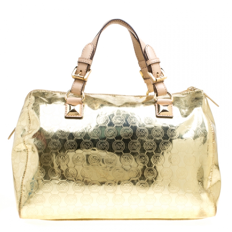 Pre Owned Michael Micahel Kors Metallic Gold Mirror Signature Leather Large Grayson Satchel 