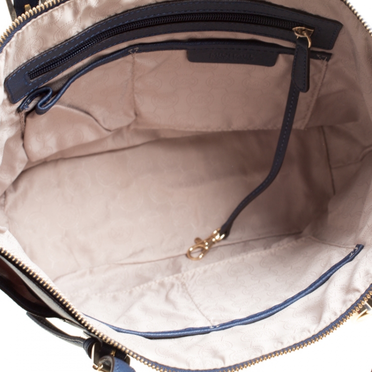 Pre Owned Michael Michael Kors Dark Blue Saffiano Leather Top Zip Jet Set Tote