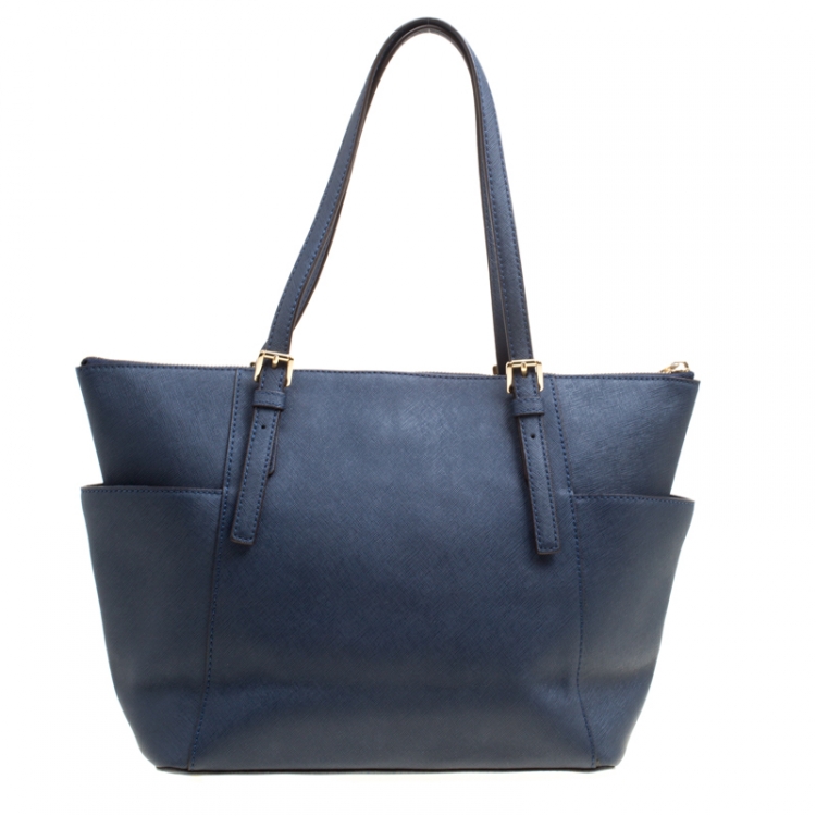 Pre Owned Michael Michael Kors Dark Blue Saffiano Leather Top Zip Jet Set Tote