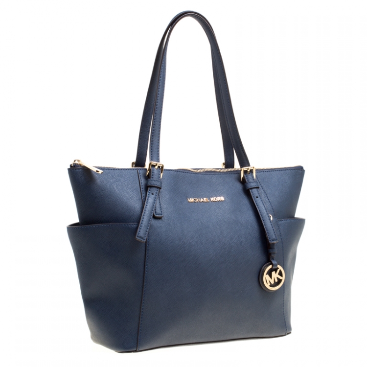 Pre Owned Michael Michael Kors Dark Blue Saffiano Leather Top Zip Jet Set Tote