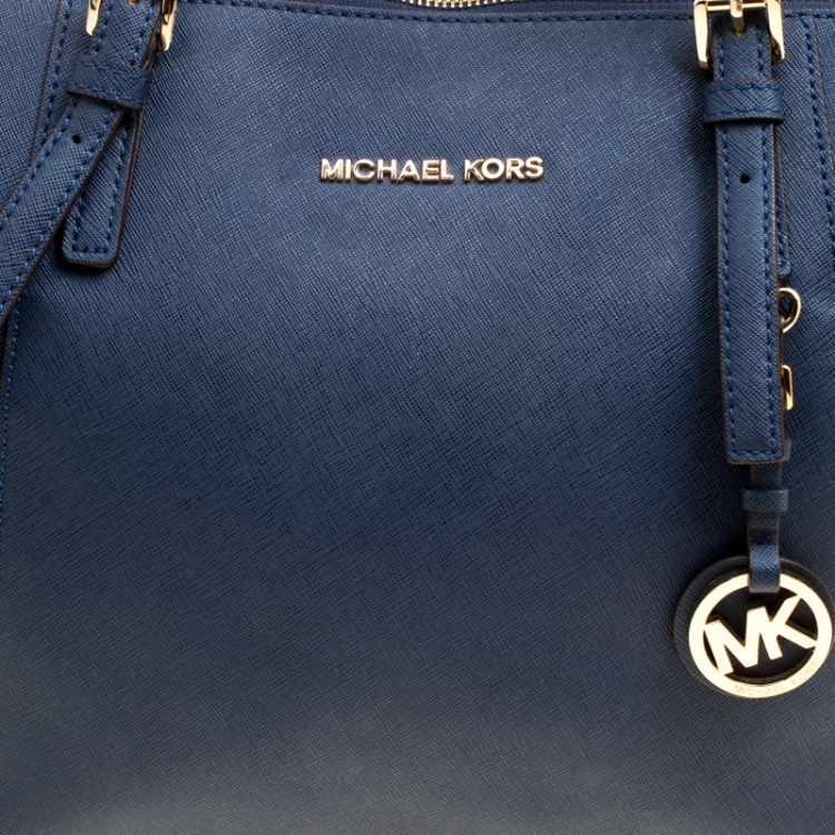 Pre Owned Michael Michael Kors Dark Blue Saffiano Leather Top Zip Jet Set Tote