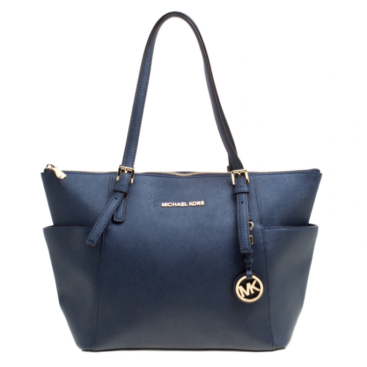 Pre Owned Michael Michael Kors Dark Blue Saffiano Leather Top Zip Jet Set Tote