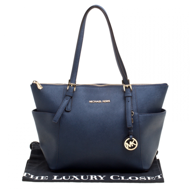 Pre Owned Michael Michael Kors Dark Blue Saffiano Leather Top Zip Jet Set Tote