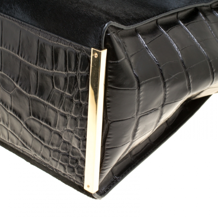 Pre Owned Michael Michael Kors Black Calf Hair and Croc Embossed Leather Lana Tote