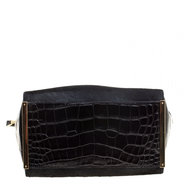 Pre Owned Michael Michael Kors Black Calf Hair and Croc Embossed Leather Lana Tote