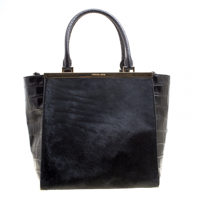 Pre Owned Michael Michael Kors Black Calf Hair and Croc Embossed Leather Lana Tote