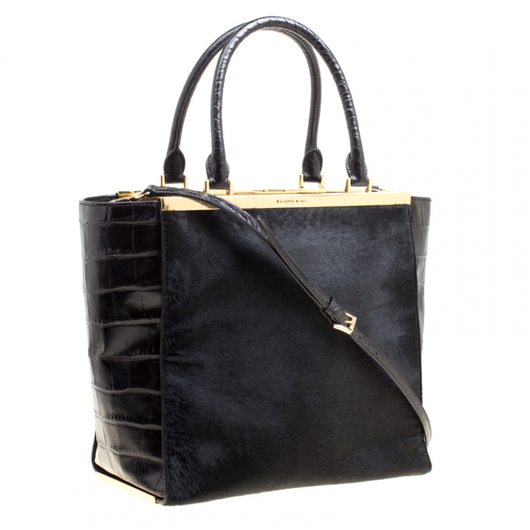 Pre Owned Michael Michael Kors Black Calf Hair and Croc Embossed Leather Lana Tote