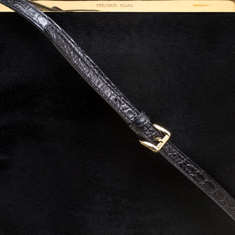 Pre Owned Michael Michael Kors Black Calf Hair and Croc Embossed Leather Lana Tote