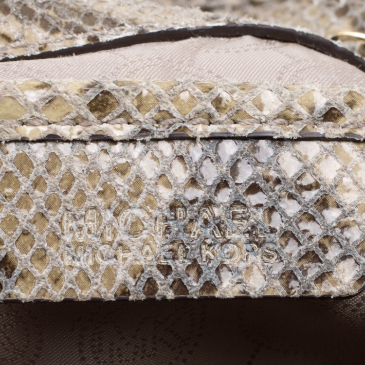 Pre Owned Michael Kors Beige Python Embossed Leather Medium Fulton Hobo