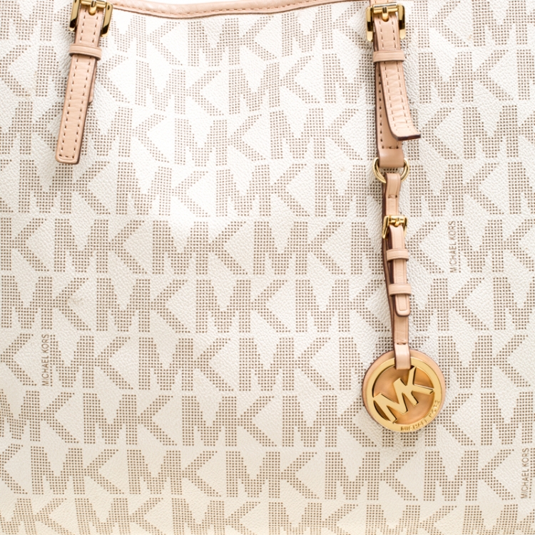 Pre Owned Michael Kors Off White Signature Coated Canvas Jetset Tote
