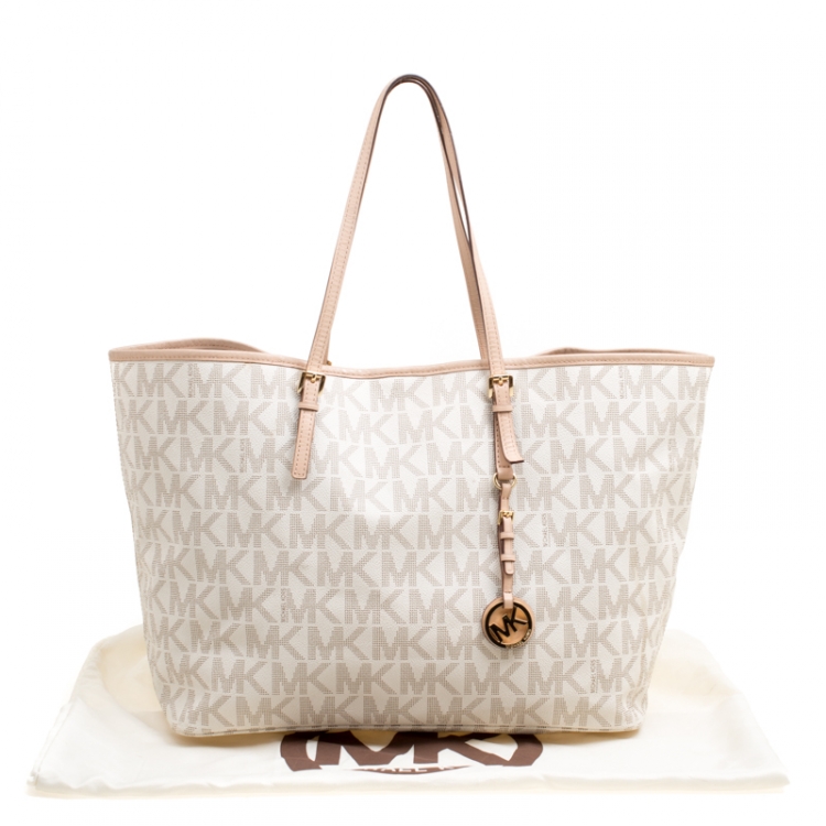 Pre Owned Michael Kors Off White Signature Coated Canvas Jetset Tote