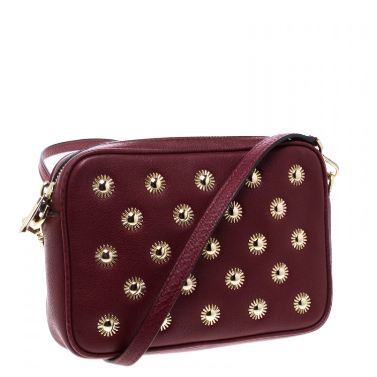 Pre Owned Michael Michael Kors Red Leather Studded Crossbody Bag