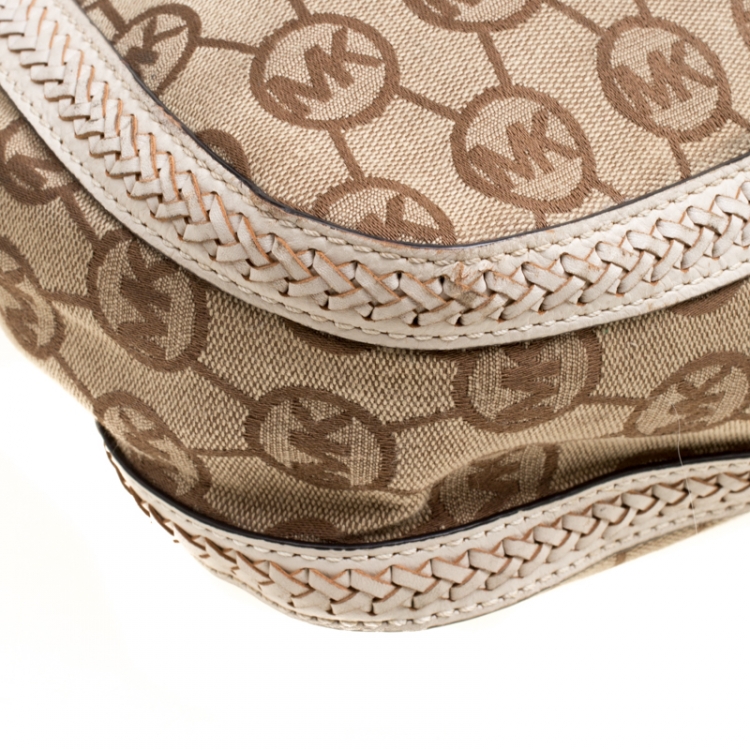 Pre Owned Michael Michael Kors Beige/Off White Signature Canvas Braided Hobo