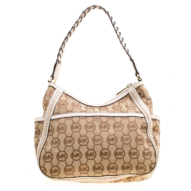 Pre Owned Michael Michael Kors Beige/Off White Signature Canvas Braided Hobo