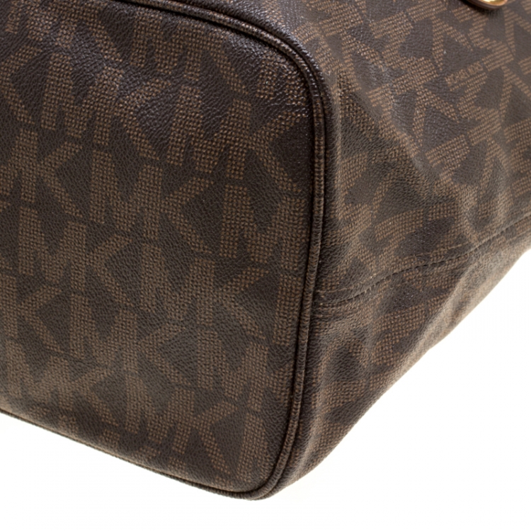 Pre Owned Michael Kors Dark Brown Signature Coated Canvas Jetset Tote