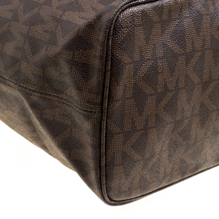 Pre Owned Michael Kors Dark Brown Signature Coated Canvas Jetset Tote