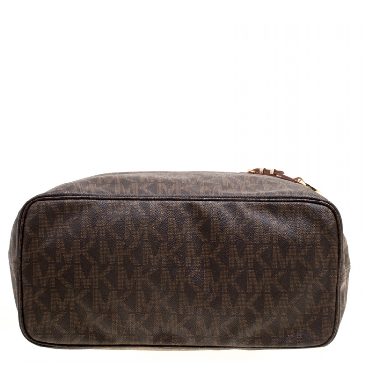 Pre Owned Michael Kors Dark Brown Signature Coated Canvas Jetset Tote
