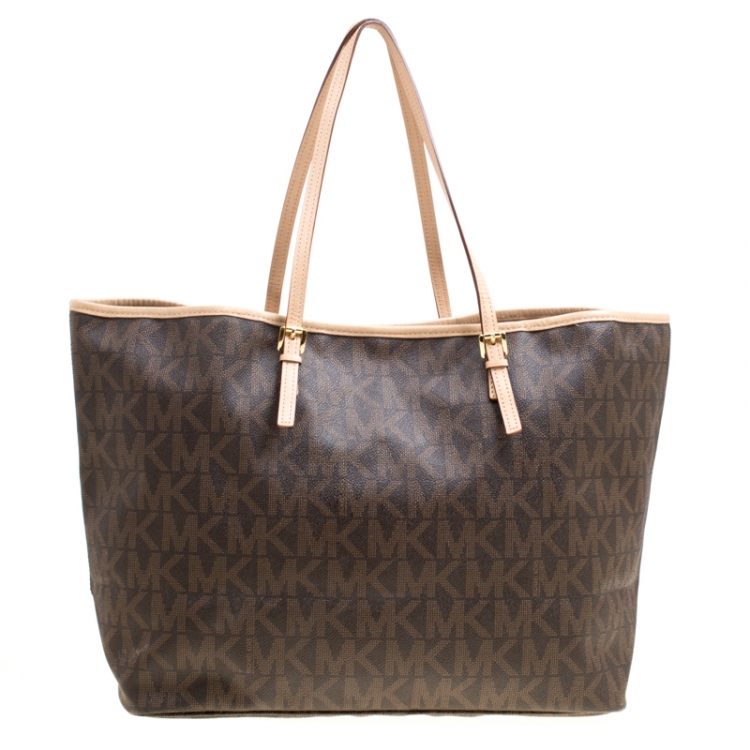 Pre Owned Michael Kors Dark Brown Signature Coated Canvas Jetset Tote
