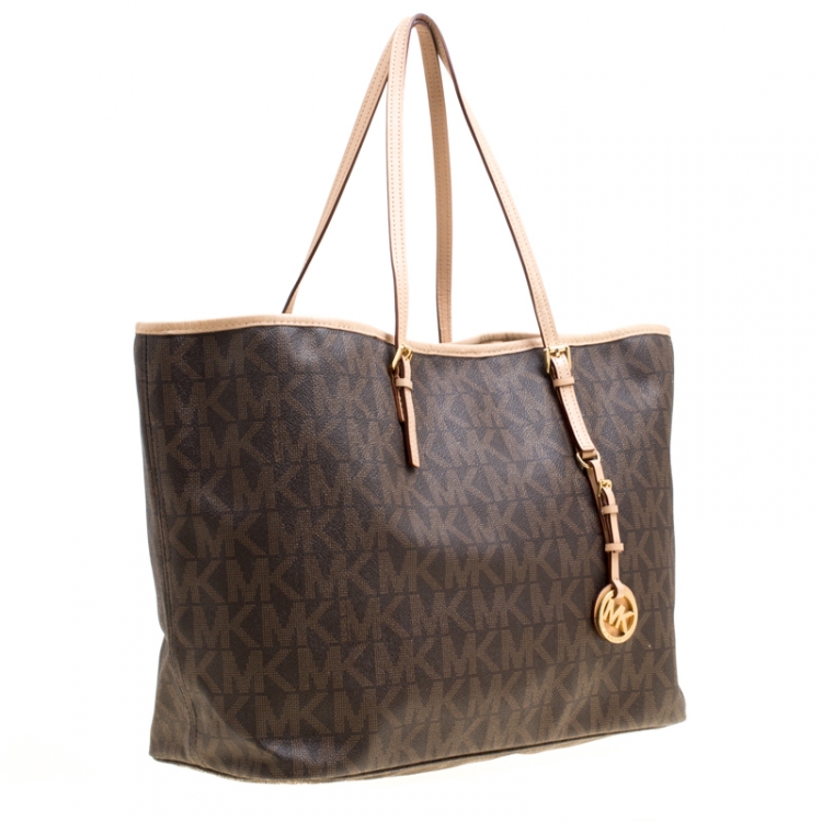 Pre Owned Michael Kors Dark Brown Signature Coated Canvas Jetset Tote