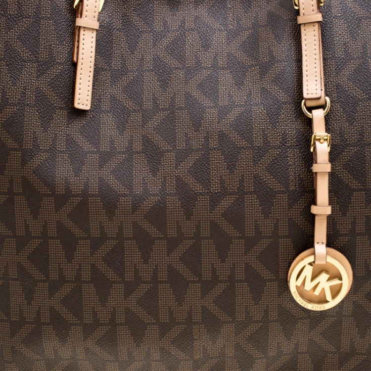 Pre Owned Michael Kors Dark Brown Signature Coated Canvas Jetset Tote