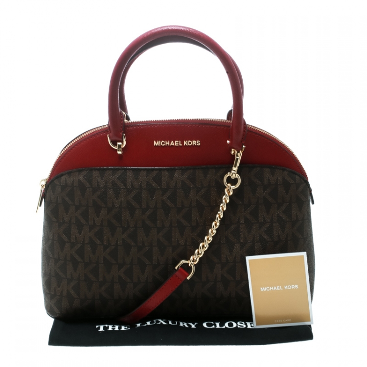 Pre Owned Michael Kors Red/Brown Signature Coated Canvas and Leather Emmy Dome Satchel