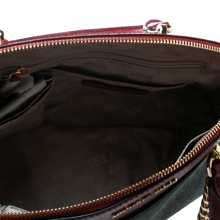 Pre Owned Michael Kors Red/Brown Signature Coated Canvas and Leather Emmy Dome Satchel