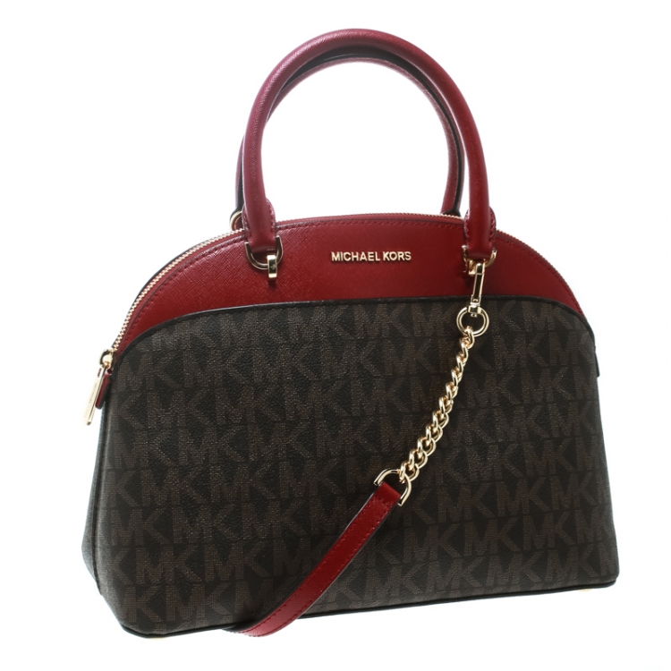 Pre Owned Michael Kors Red/Brown Signature Coated Canvas and Leather Emmy Dome Satchel