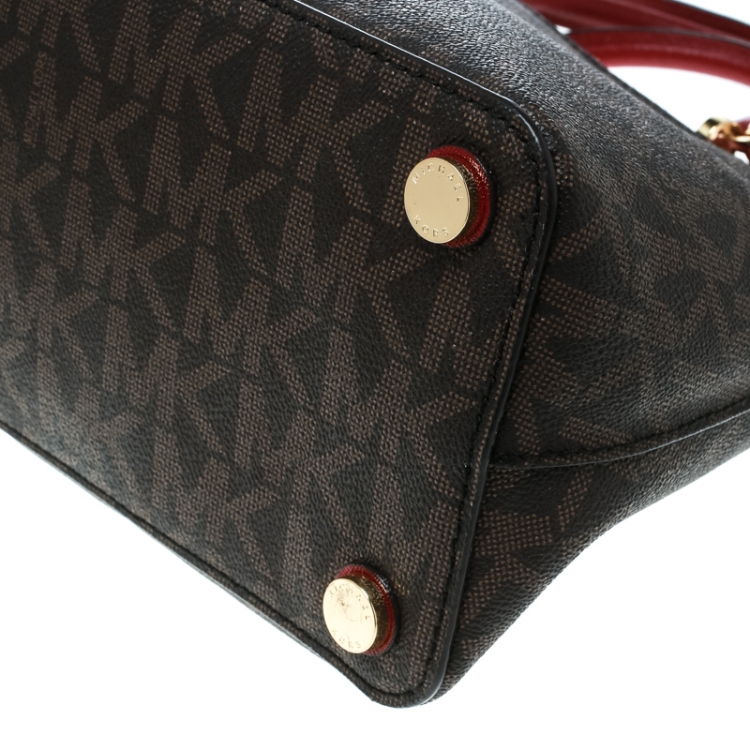 Pre Owned Michael Kors Red/Brown Signature Coated Canvas and Leather Emmy Dome Satchel