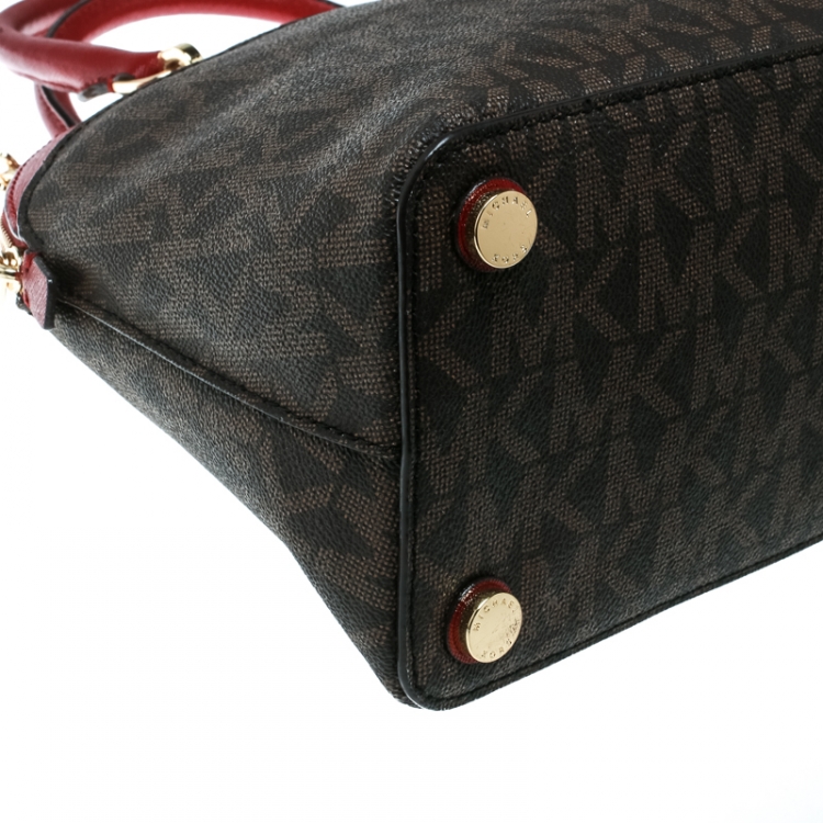 Pre Owned Michael Kors Red/Brown Signature Coated Canvas and Leather Emmy Dome Satchel