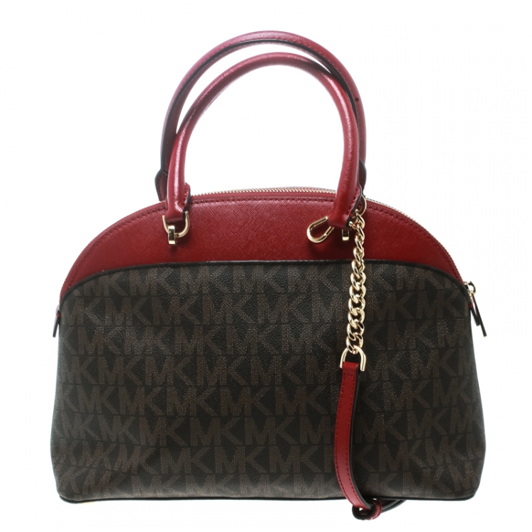 Pre Owned Michael Kors Red/Brown Signature Coated Canvas and Leather Emmy Dome Satchel